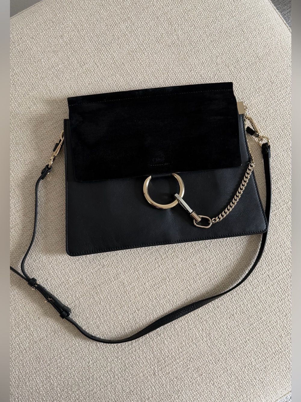 Chloe Faye Medium Black Suede & Leather Crossbody with Gold Ring